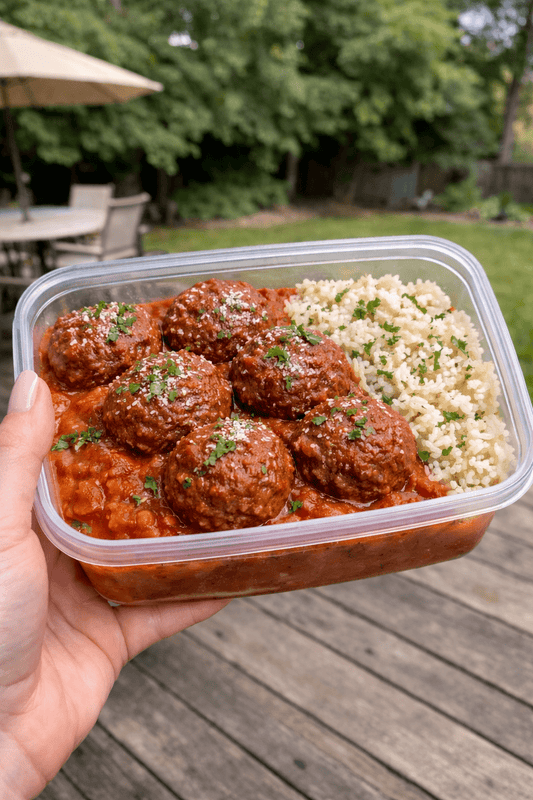 Beef Meatballs in Tomato Sauce with Rice - Last Summer Catering